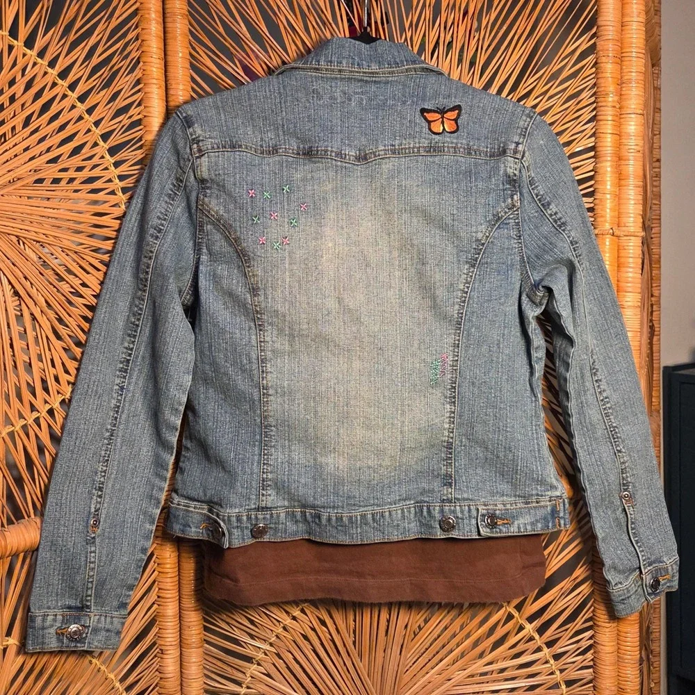 Y2K Vtg Arizona Jean Co Girl XL Denim Jacket Blue Flowers Butterfly Patches Cute